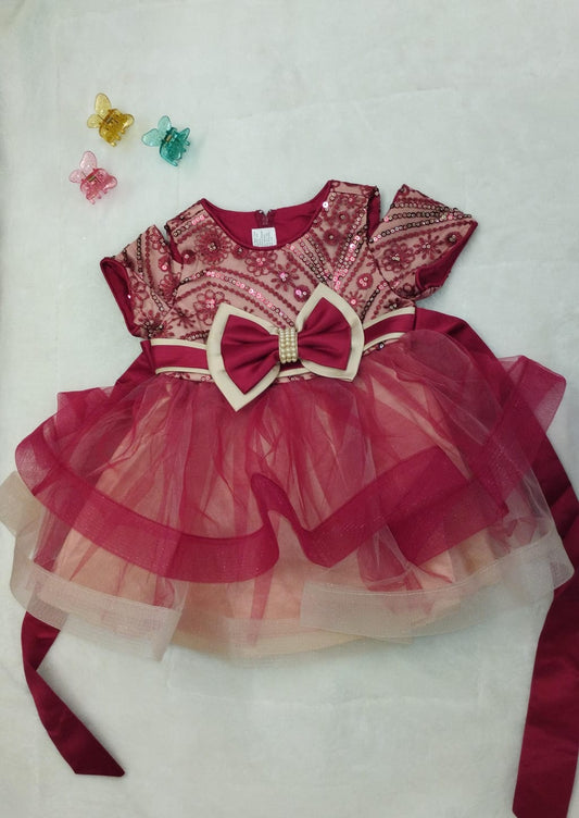 MAROON BEIGE SATIN FROCK WITH PEARL AND SEQUINS