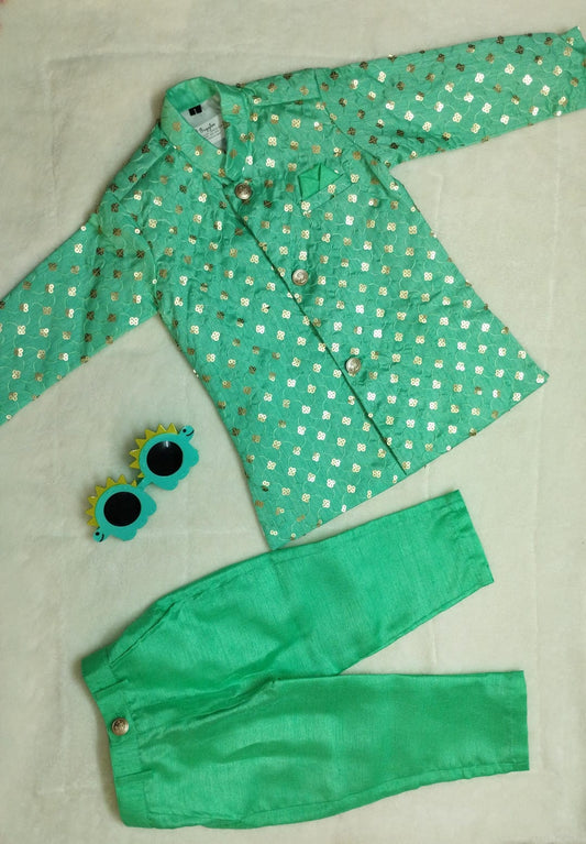 SEQUINED SILK KURTA PYJAMA FOR BOYS ETHNIC FESTIVE SEA GREEN