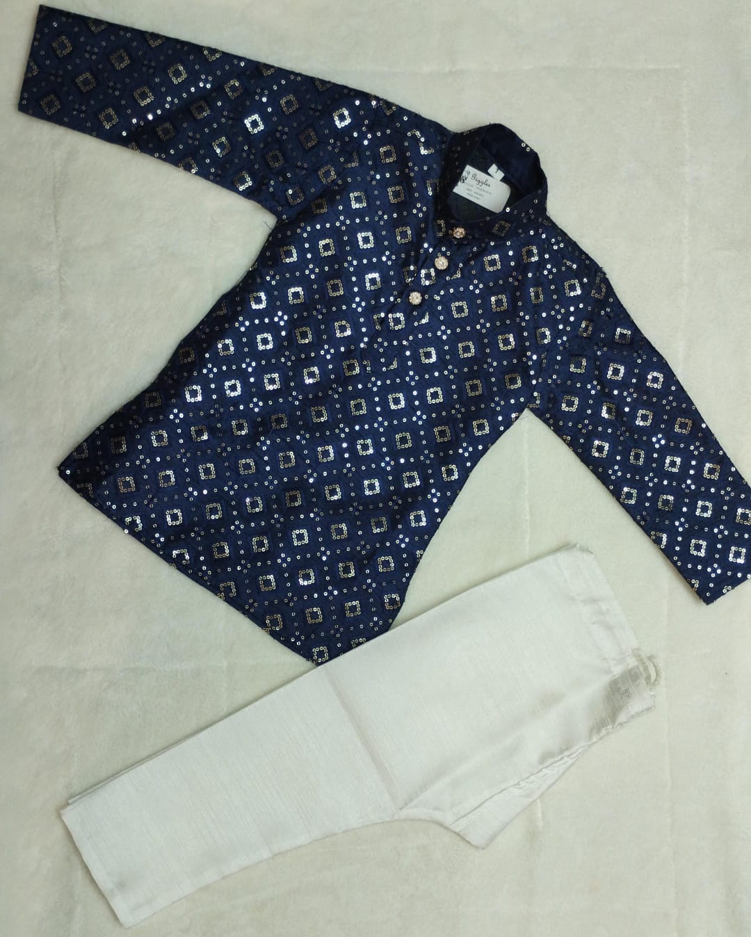 NAVY BLUE SEQUINED SILK KURTA PYJAMA FOR BOYS