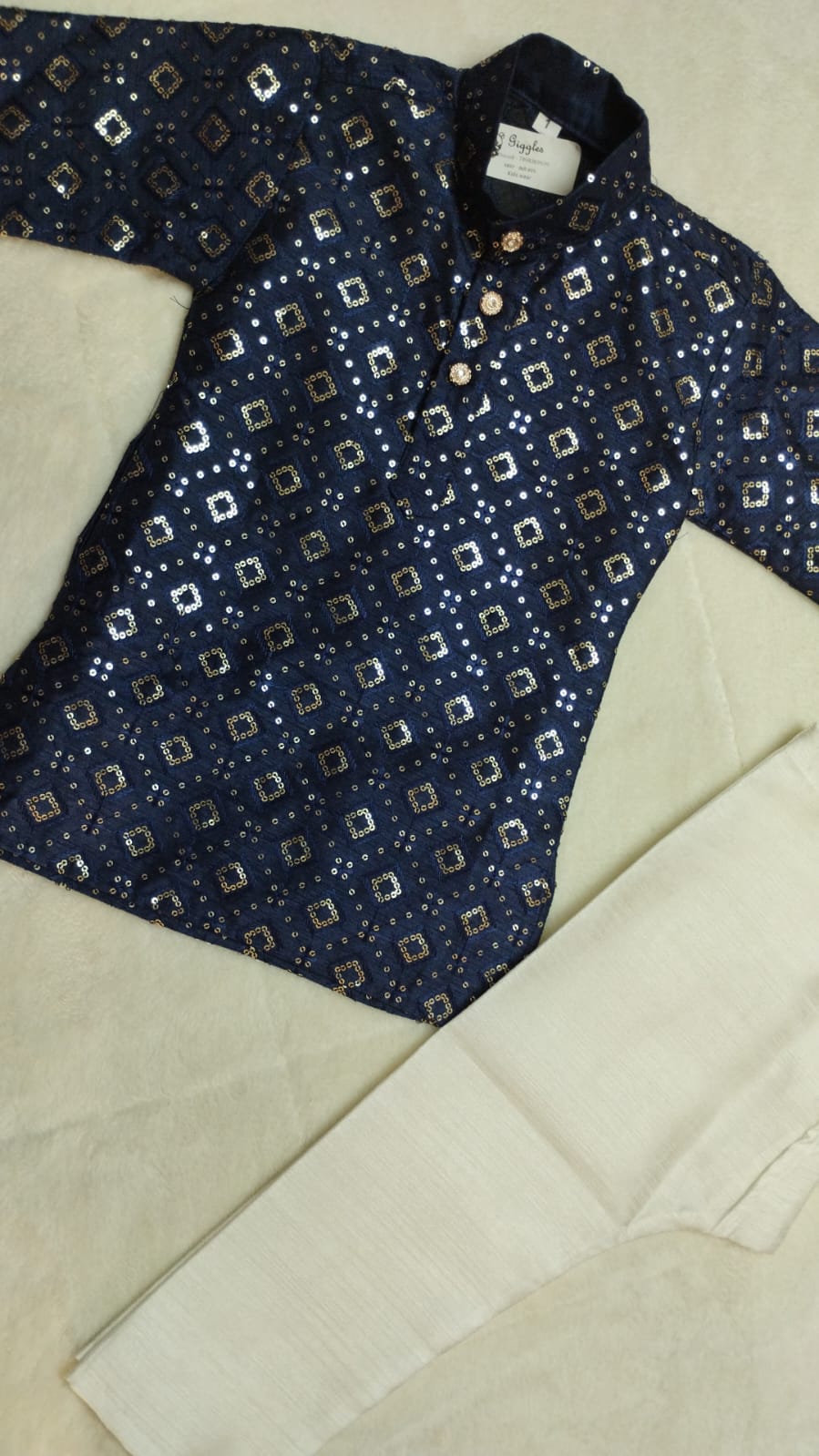 NAVY BLUE SEQUINED SILK KURTA PYJAMA FOR BOYS