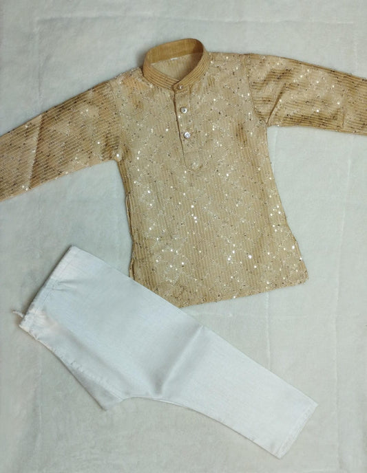 SEQUINED SILK KURTA PYJAMA FOR BOYS ETHNIC FESTIVE BEIGE