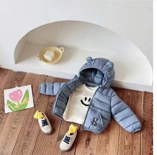 UNISEX PUFFER ZIPPER HOODIE JACKETS IN ASH GREY BLUE for TODDLERS