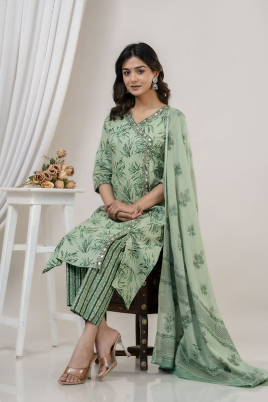 Green tropical and floral print Angrakha set