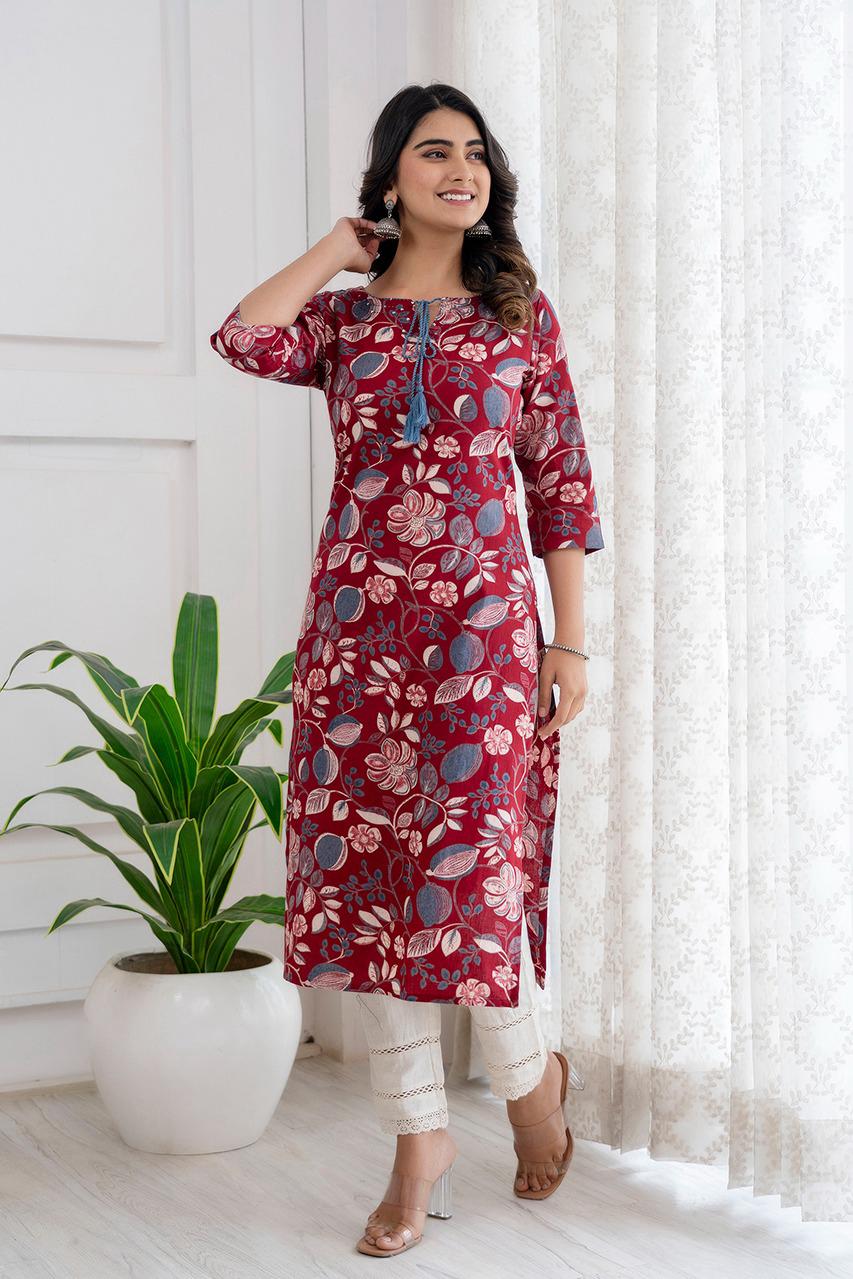 Maroon and off white floral linen kurta pants set