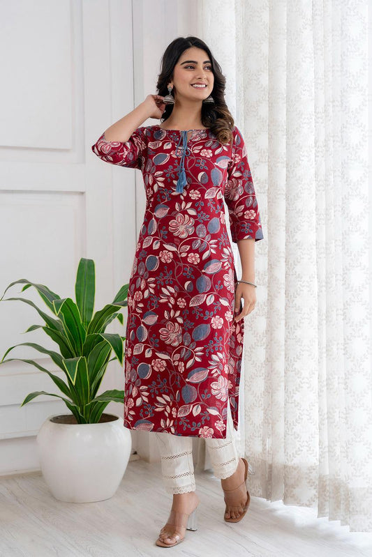 Maroon and off white floral linen kurta pants set