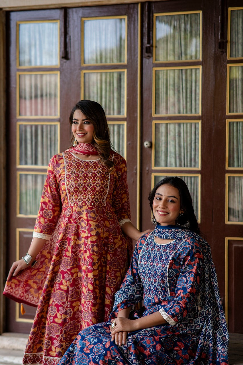 Maroon and yellow floral cotton Anarkali set