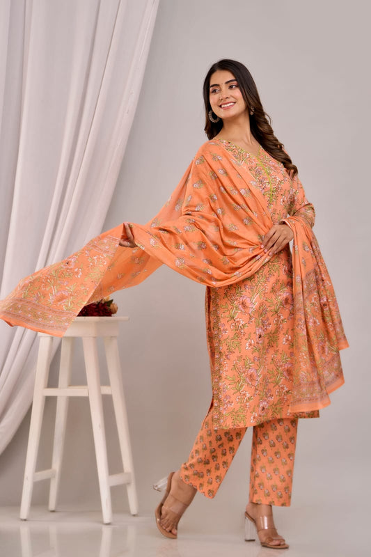Orange/Safron and white floral set, straight cut