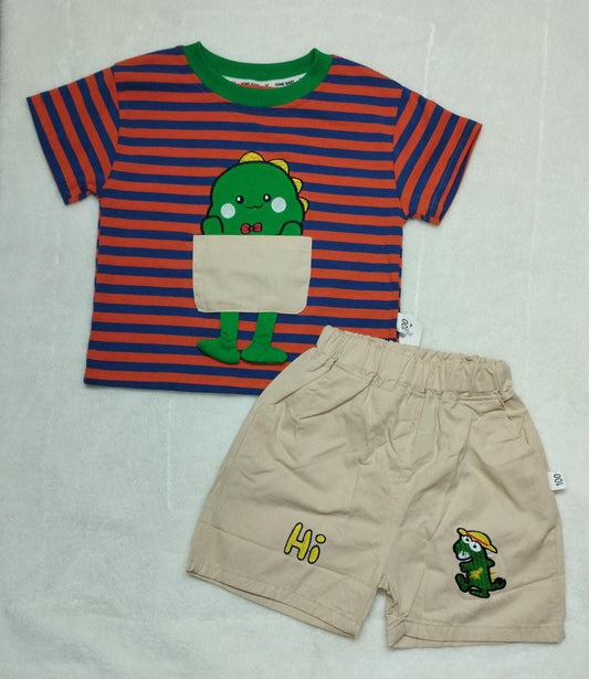 Short sleeves cotton T-shirt with shorts, with DINOSAUR patch AND APPLIQUE LEGS