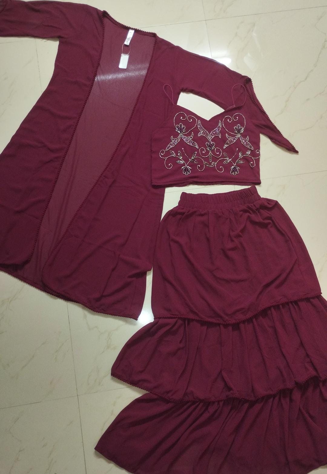 MAROON GEORGETTE TIERED SKIRT AND TOP SET