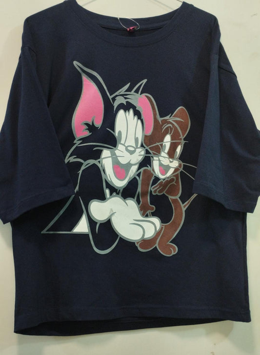 BLACK TSHIRT WITH RUBBER PRINT TOM AND JERRY