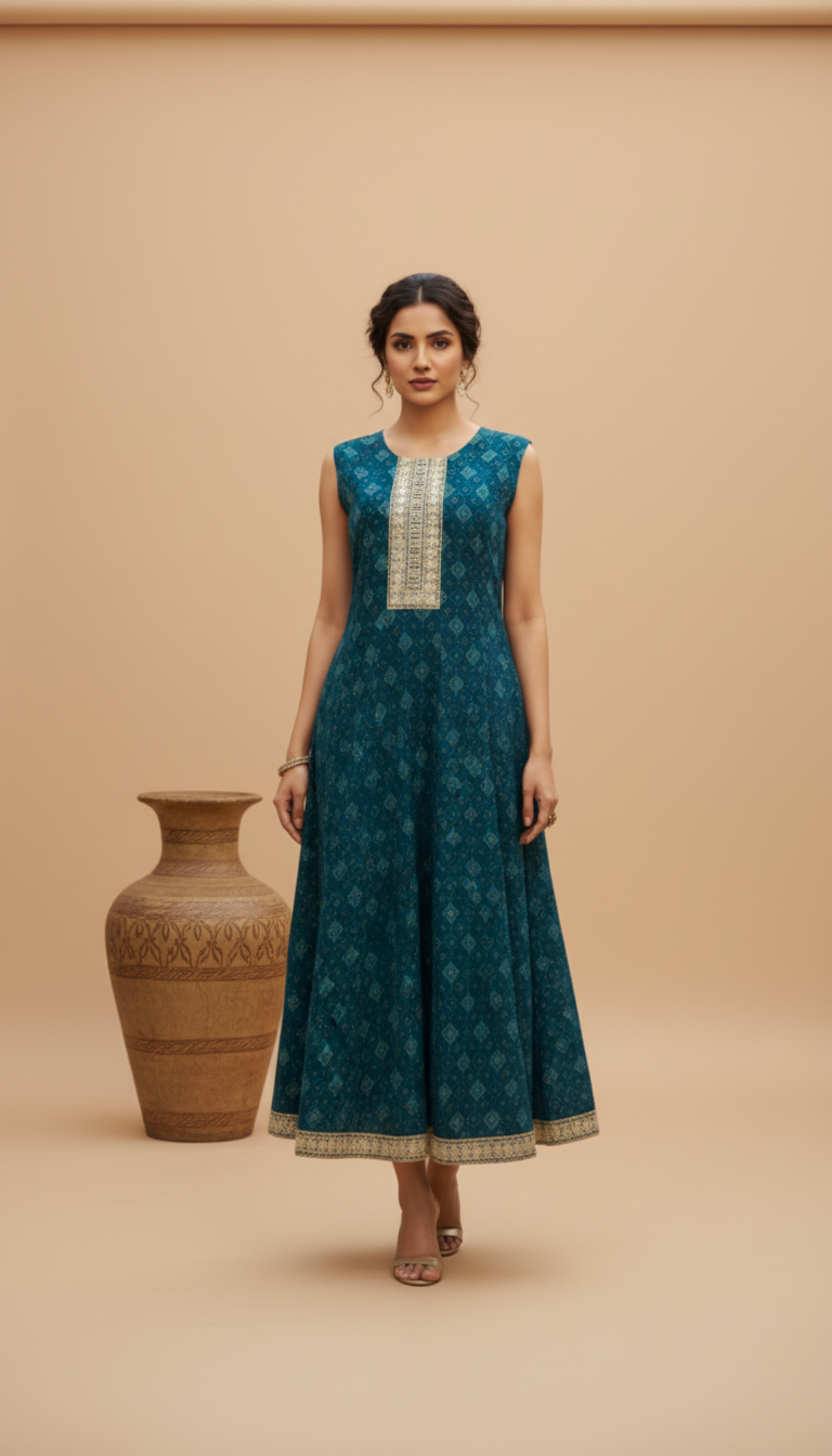 GREEN DIAMOND PRINT ON NAVY BLUE A-LINE INDO WESTERN DRESS