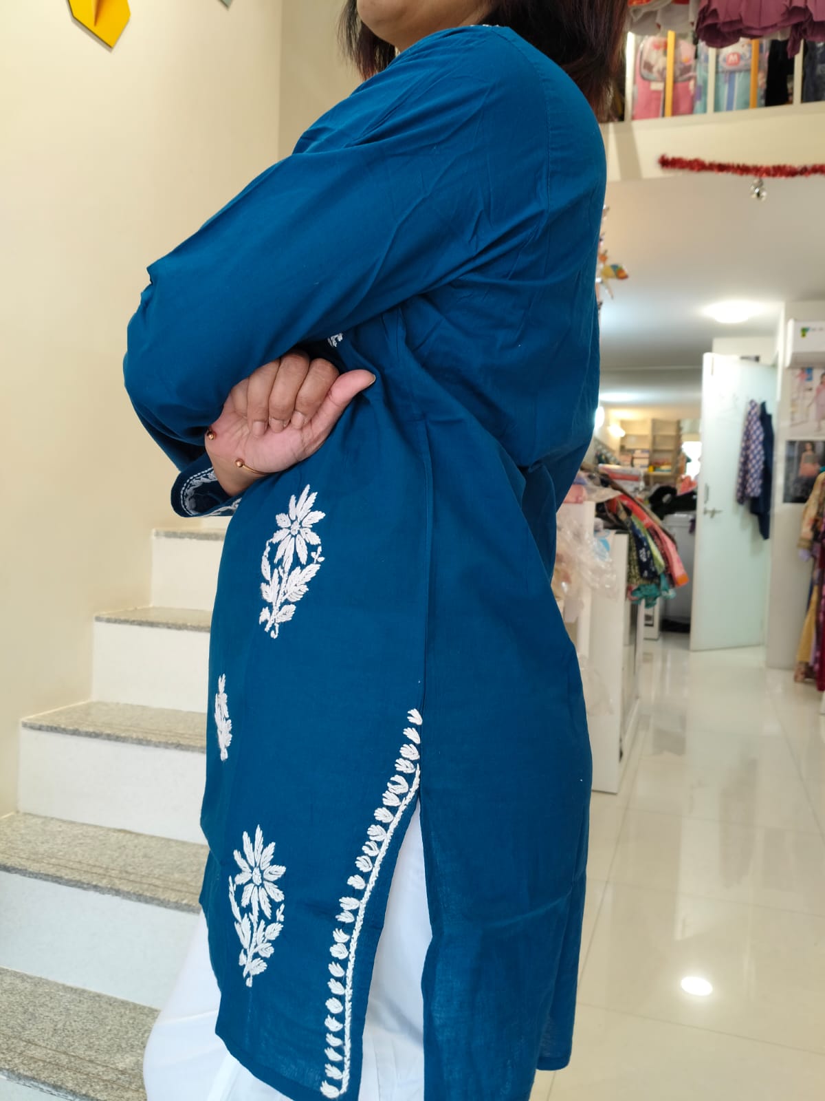 NAVY BLUE AND WHITE CHIKANKARI SHORT KURTI