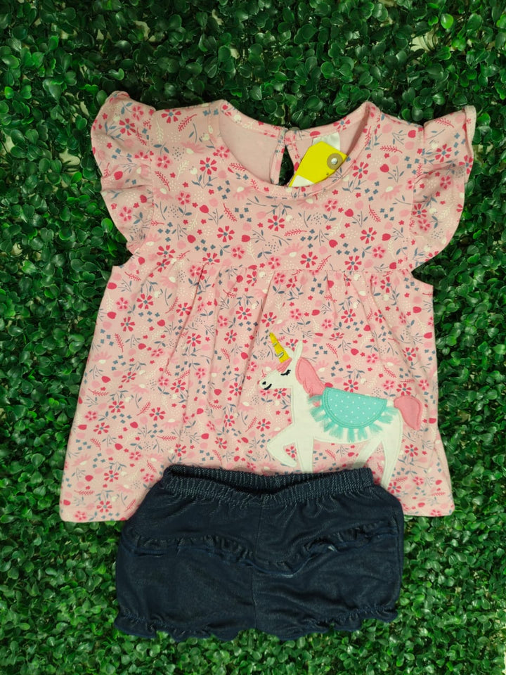Pink floral cotton frock style top and denim look shorts