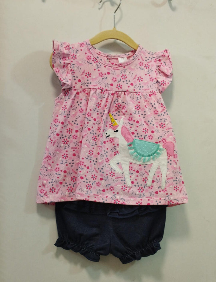 Pink floral cotton frock style top and denim look shorts