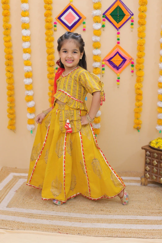 PURE COTTON LEHENGA CHOLI SET MUSTARD RED