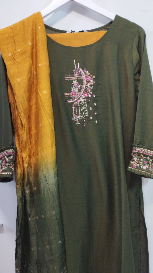 OLIVE AND MUSTARD FLORAL SILK SET