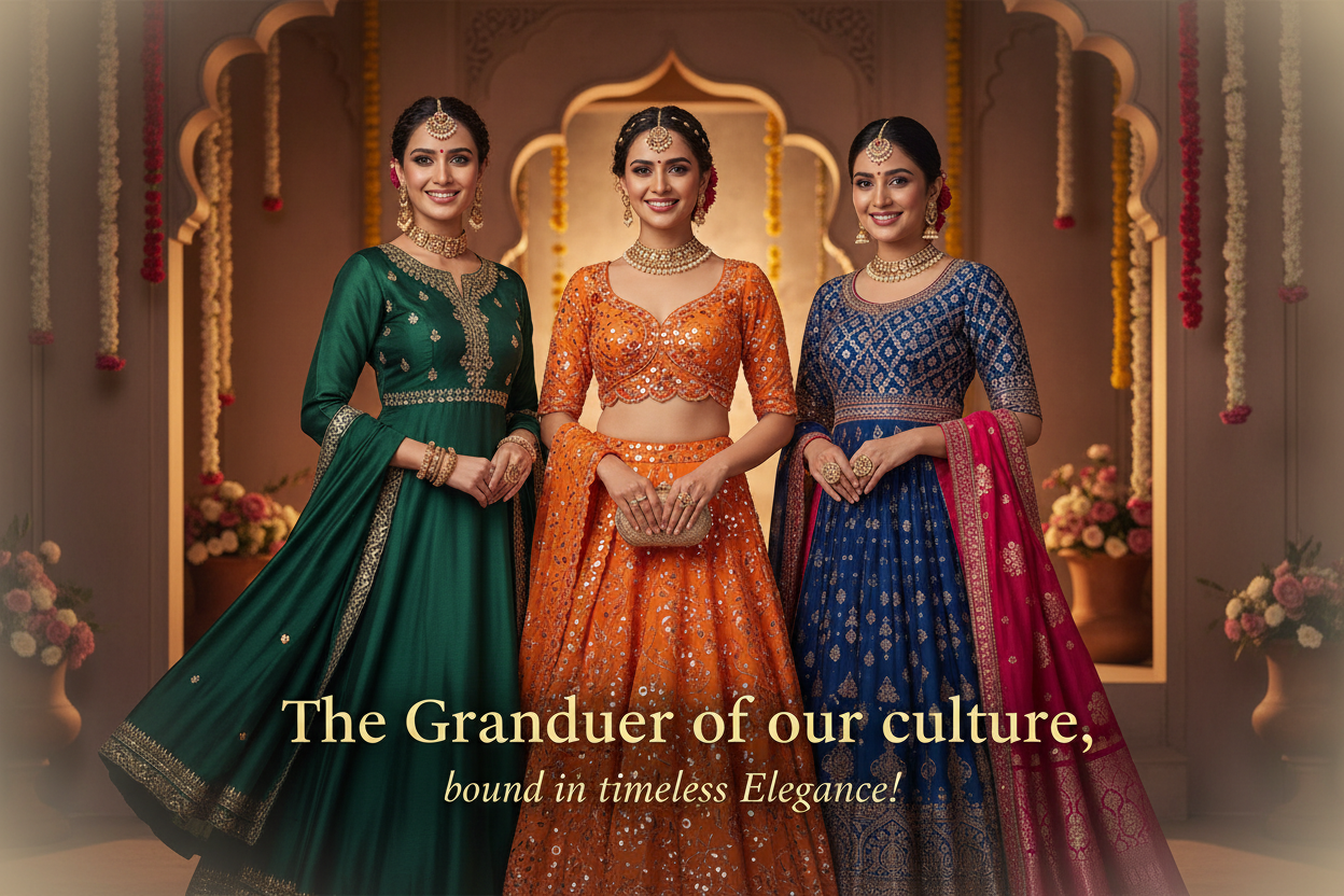 CREATE A GRAND SHOPIFY BANNER WITH WOMEN WEARING ETHNIC CLOTHES WITH WORDS 'The Grandeur of our culture, bound in timeless Elegance!'