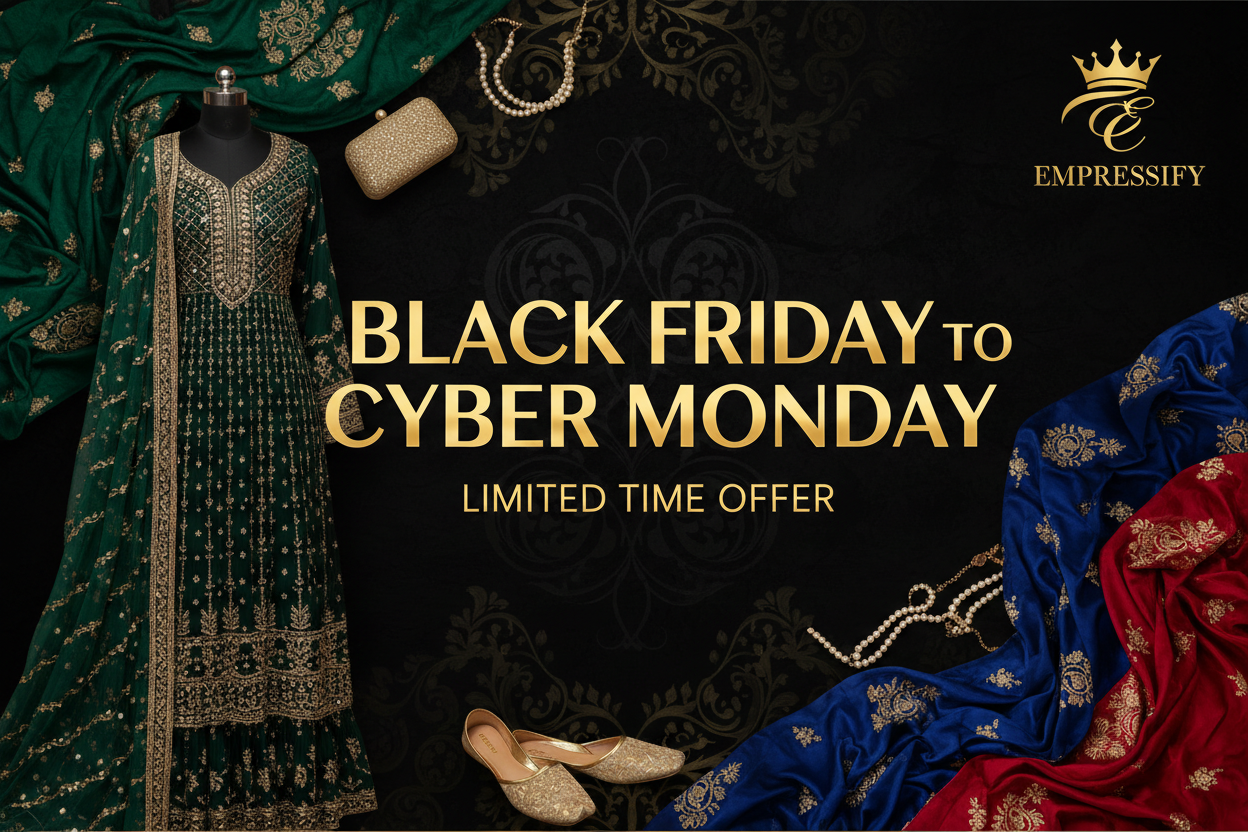 create a lavish shopify banner with black friday to cyber monday deal, limited time offer and add my empressify logo to top right corner