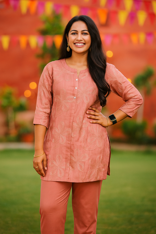 ONION PINK RAYON INDO WESTERN COORDS SET